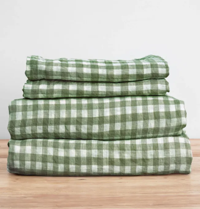 French Flax Linen Sheet Set in Ivy Gingham
